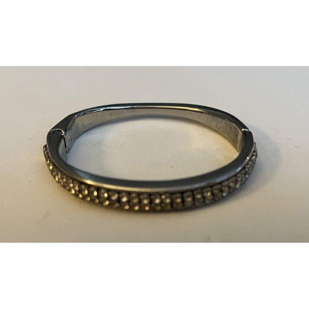 Vintage Silver Tone Hinged Bangle Bracelet Dual Rows Of Crystal Rhinestones
